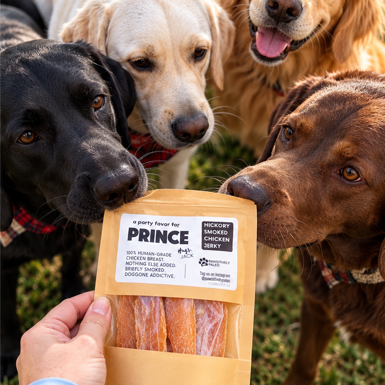 Dogs gathered around a personalized party favor bag for Prince