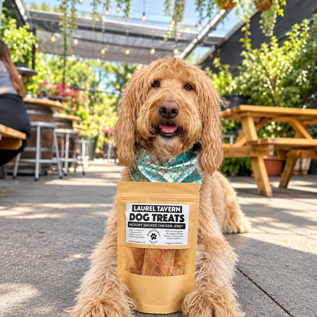Doodle with Laurel Tavern dog treats on the patio