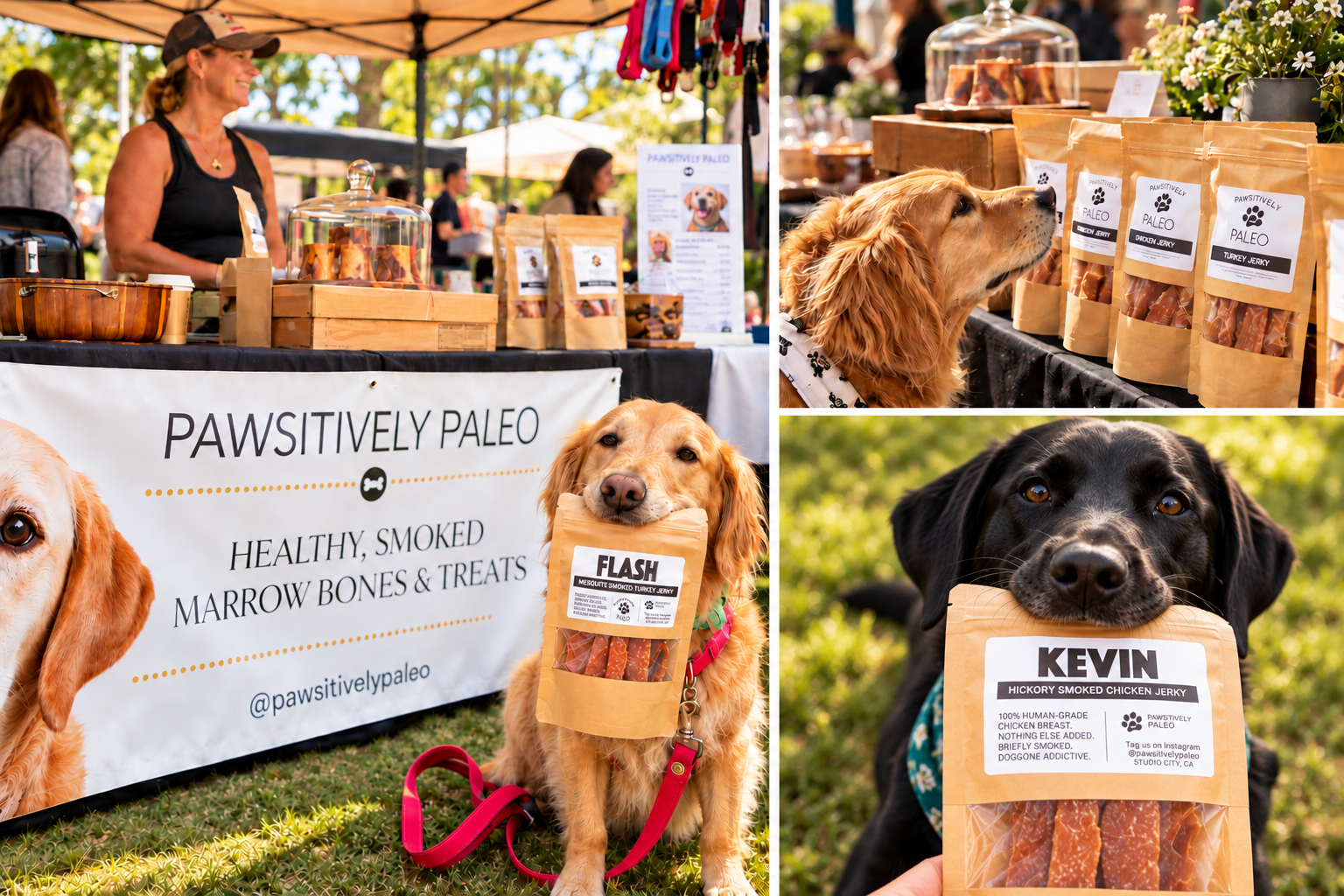 Pawsitively Paleo booth at a dog fair with the banner, the treat table, and dogs holding personalized treat bags