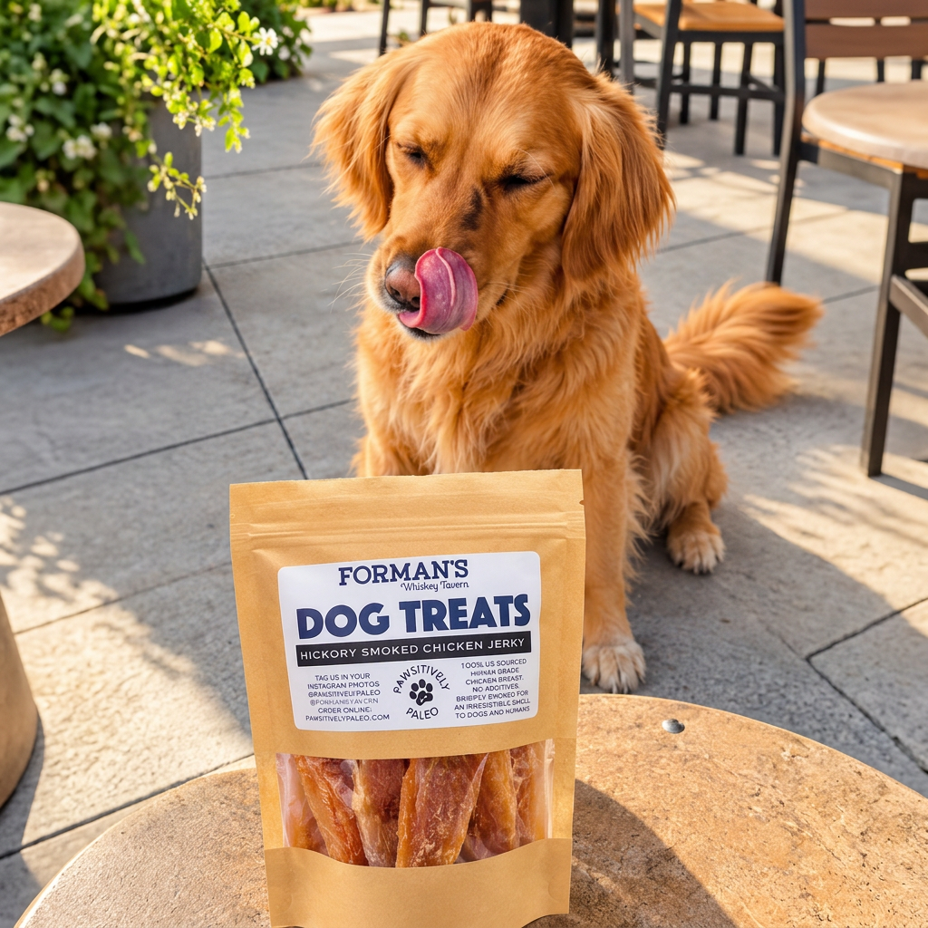 Golden retriever with Forman's Whiskey Tavern dog treats