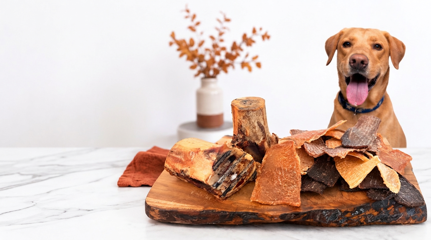 Enzo with Pawsitively Paleo jerky and marrow bones